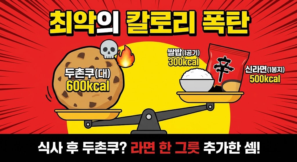 두쫀쿠의 위험성을 알리는 유튜브 썸네일 스타일 이미지. 저울의 한쪽에는 거대한 두쫀쿠가, 다른 쪽에는 쌀밥과 신라면이 올려져 수평을 이루거나 기울어진 모습으로 연출되어, 쿠키 하나가 식사 한 끼 이상의 열량임을 임팩트 있게 표현함.