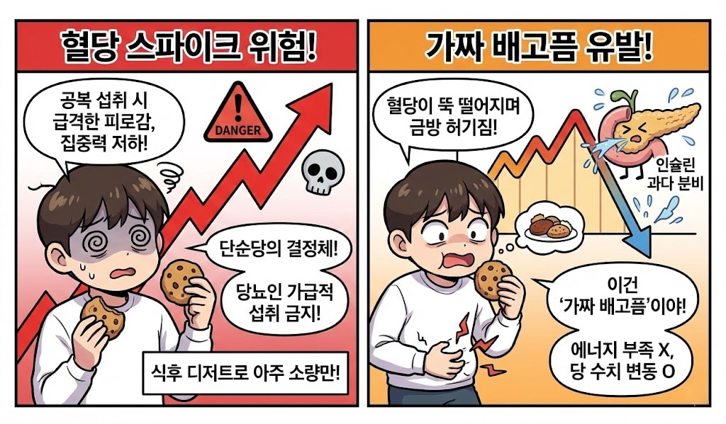 두쫀쿠 섭취 시 건강상 주의사항을 안내하는 텍스트 이미지. 단순당 섭취로 인한 급격한 '혈당 스파이크 위험'과 인슐린 과다 분비로 인한 '가짜 배고픔 유발'에 대해 설명하며, 당뇨인의 섭취 자제를 권고하는 내용.