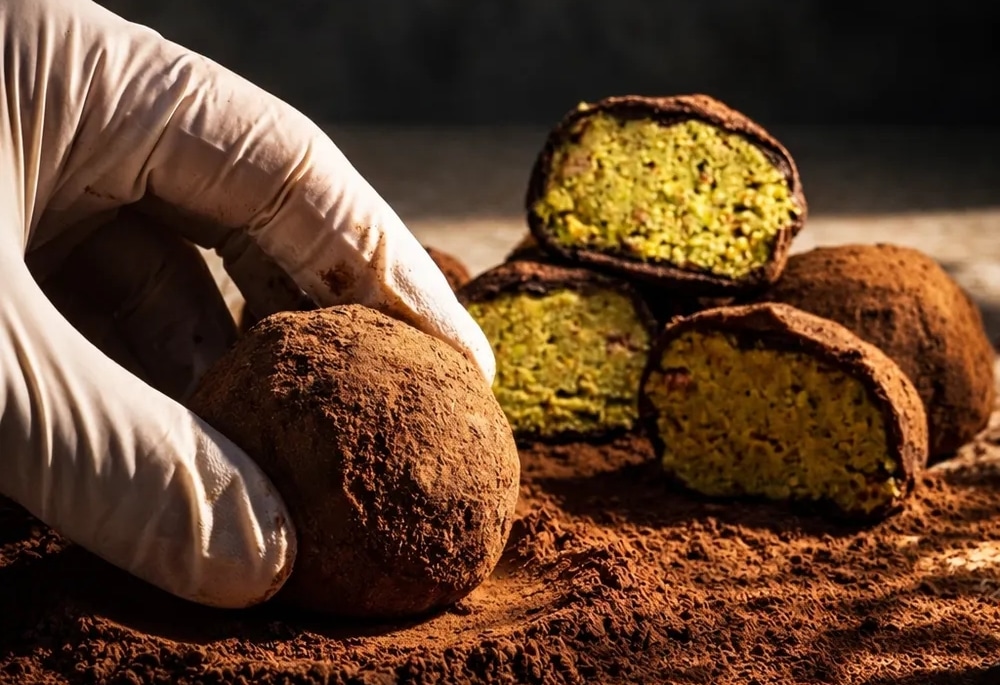 위생 장갑을 낀 손이 코코아 파우더가 묻은 동그란 두쫀쿠를 집고 있는 실사 이미지. 배경에는 반으로 갈라져 초록색(말차 또는 피스타치오)의 꾸덕한 필링이 드러난 쿠키들이 쌓여 있어 질감을 생생하게 보여줌.