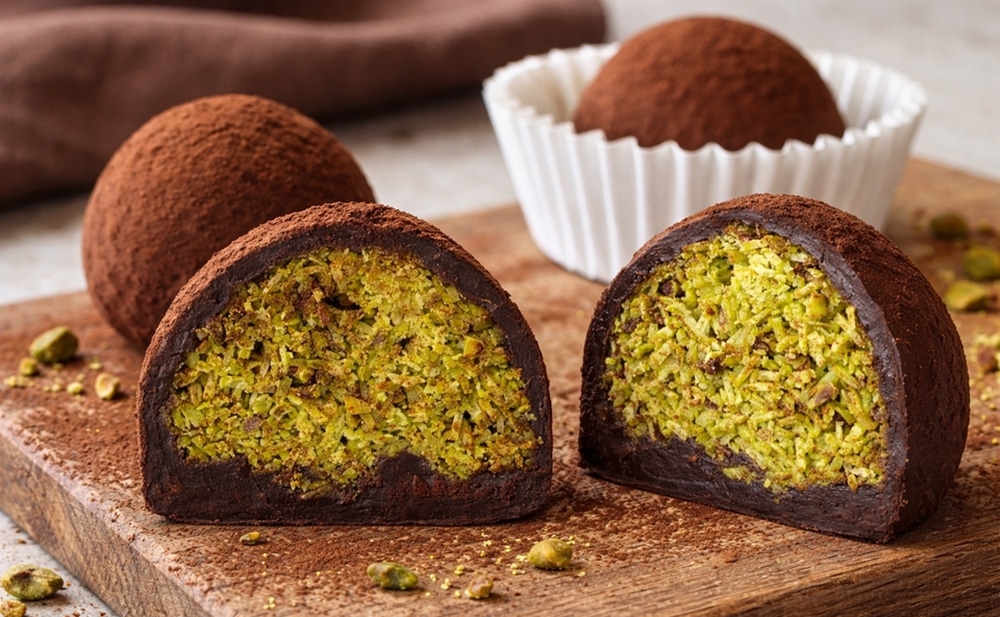 코코아 파우더가 입혀진 겉면과 바삭한 속이 보이는 두쫀쿠 완제품 및 반갈샷 이미지