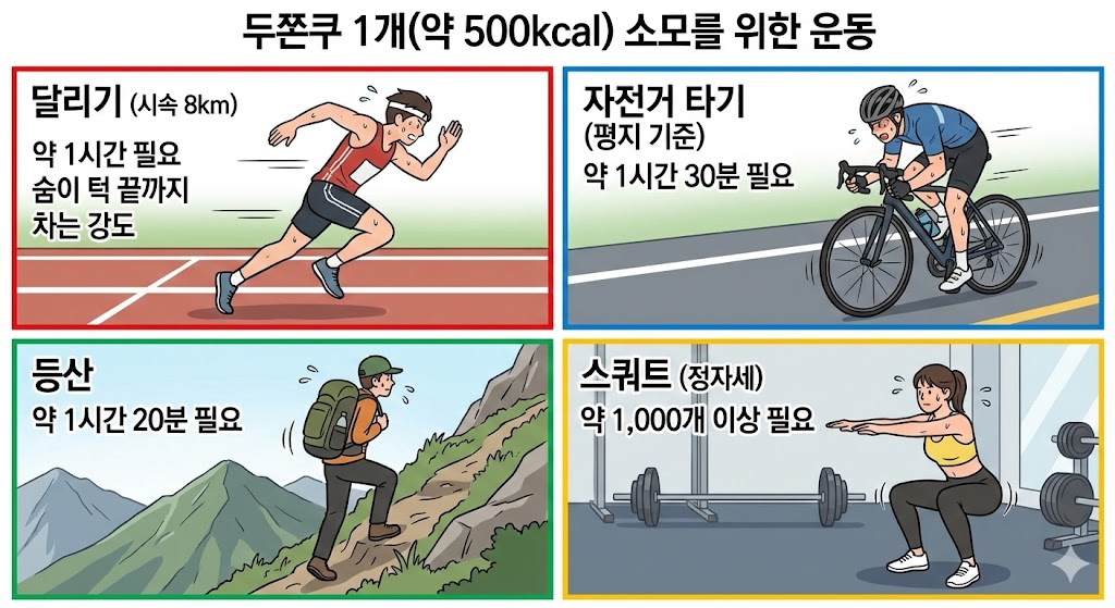 두쫀쿠 1개(약 500kcal)를 섭취했을 때 이를 소모하기 위해 필요한 현실적인 운동량을 설명하는 텍스트 이미지. 성인 60kg 기준으로 달리기 1시간, 자전거 타기 1시간 30분, 등산 1시간 20분, 스쿼트 1,000개 이상이 필요함을 명시함.