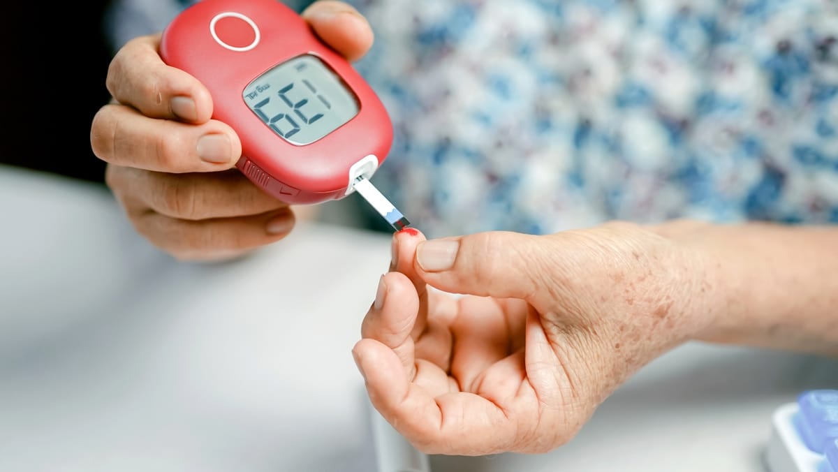 혈당 측정기로 손가락 끝에서 채혈하여 혈당을 측정하는 모습. 식후 2시간 혈당은 식사 시작 2시간 후에 측정해야 정확합니다.