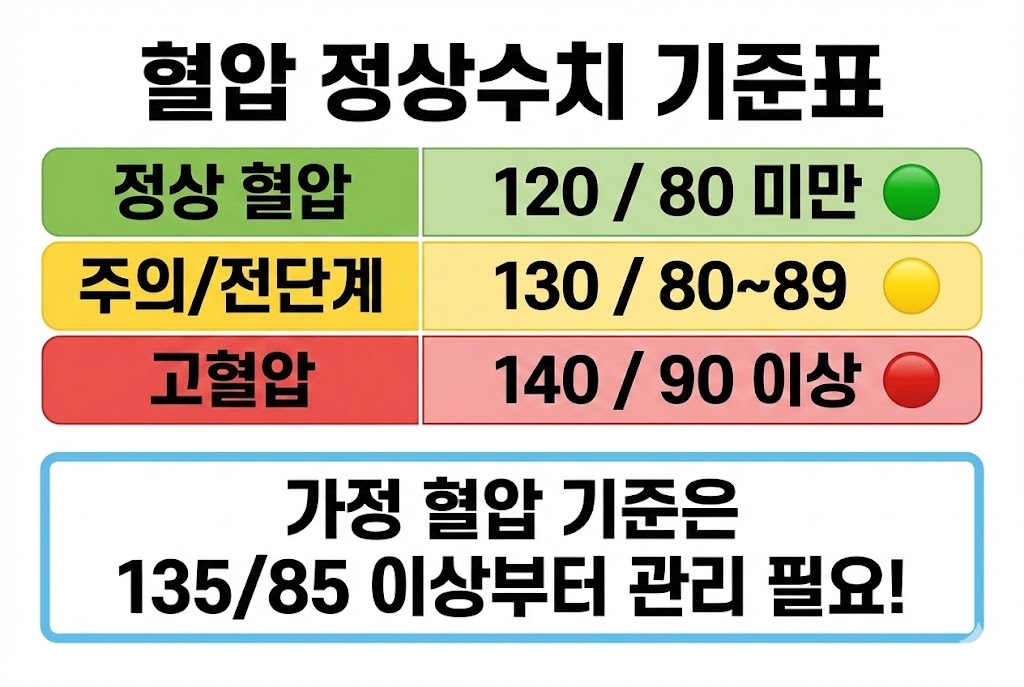 가정 혈압 측정 기준 및 고혈압 단계별 진단 수치표