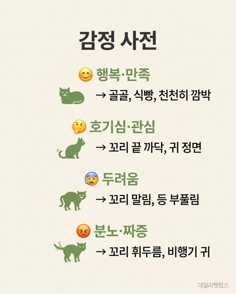 고양이 감정 사전 - 행복·만족, 호기심·관심, 두려움, 분노·짜증 4가지 감정과 각 감정별 행동 키워드를 정리한 인포그래픽