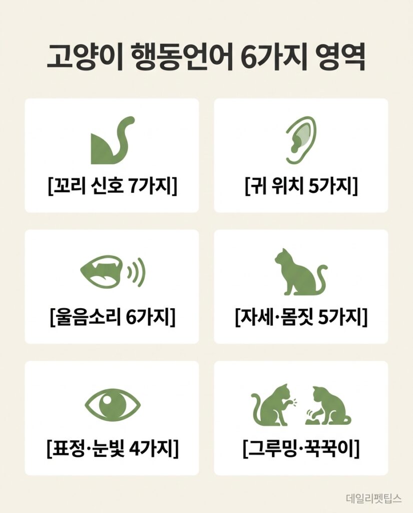 고양이 행동언어 6가지 영역 - 꼬리 신호, 귀 위치, 울음소리, 자세·몸짓, 표정·눈빛, 그루밍·꾹꾹이를 2열 3행 그리드로 정리한 인포그래픽