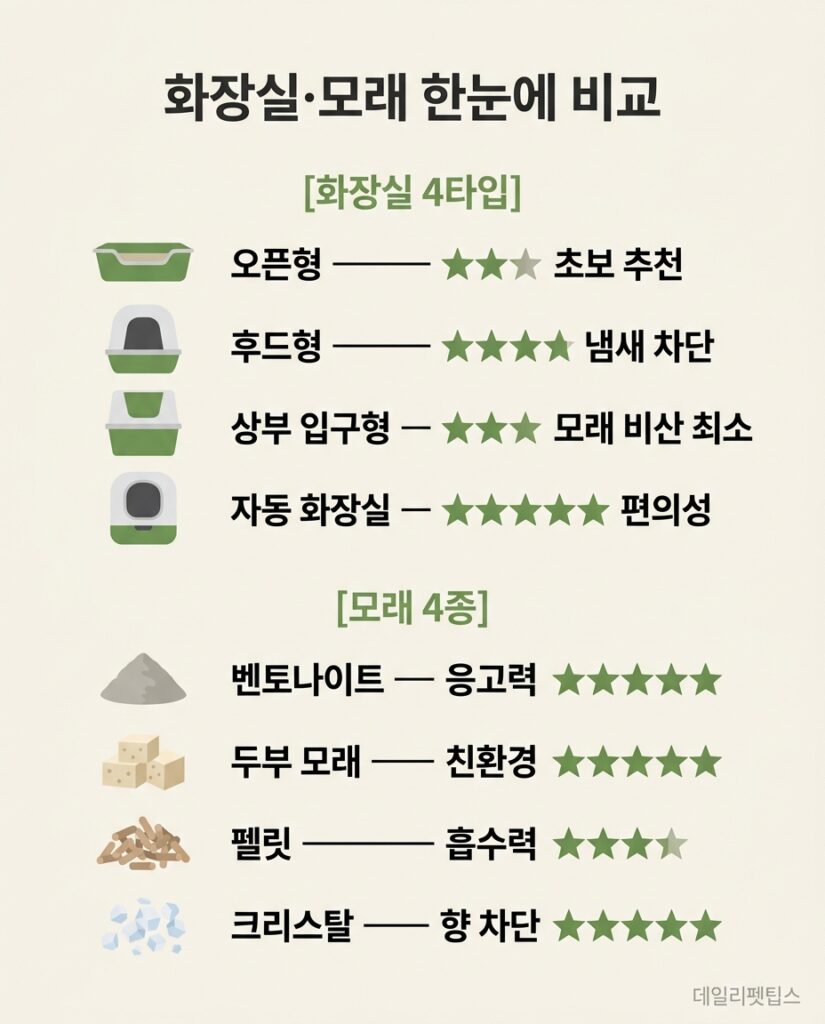 화장실 4타입과 모래 4종을 별점 평가와 함께 한눈에 비교한 중앙 정렬 인포그래픽