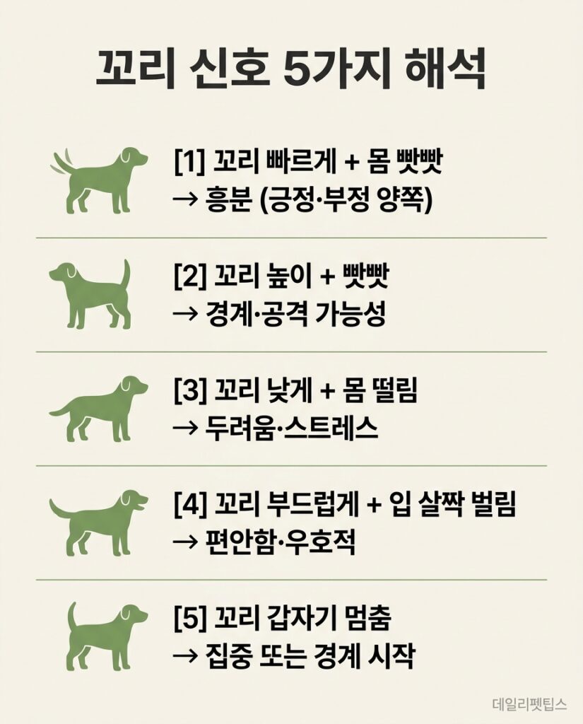 꼬리 신호 5가지 해석 - 빠르게 흔들기, 높이 세우기, 낮게 내리기, 부드럽게 흔들기, 갑자기 멈추기 등 강아지 꼬리 행동 의미를 설명한 중앙 정렬 인포그래픽