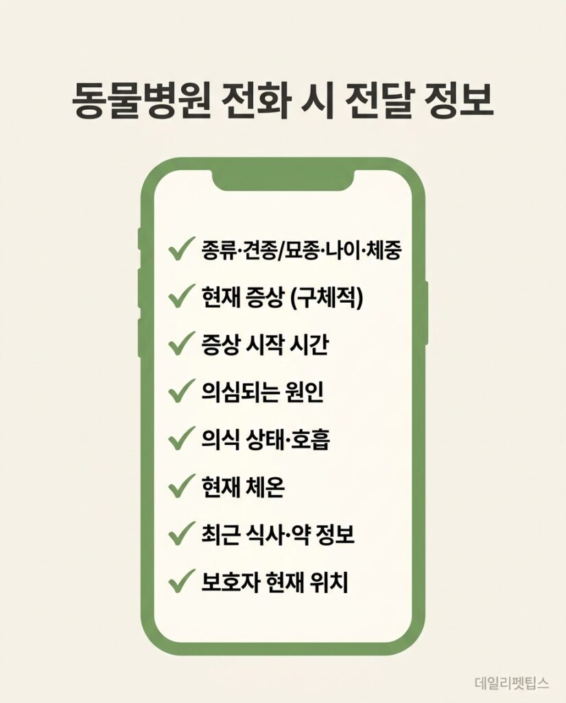 동물병원 전화 시 전달 정보 - 종류·견종·나이·체중, 증상, 시작 시간, 원인, 의식 상태, 체온, 식사 정보, 위치 등 8가지 필수 정보를 정리한 체크리스트 인포그래픽
