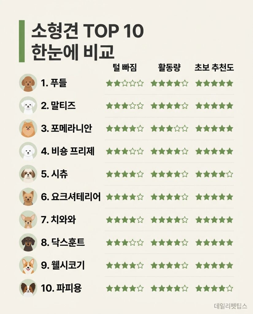 소형견 TOP 10을 털 빠짐, 활동량, 초보 추천도 기준으로 한눈에 비교한 인포그래픽 - 푸들, 말티즈, 포메라니안 등 10개 견종 포함