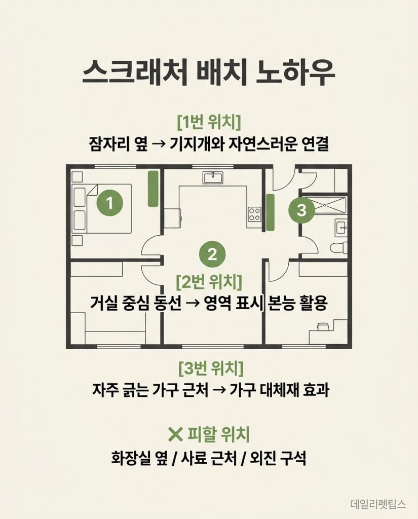 잠자리 옆, 거실 중심 동선, 자주 긁는 가구 근처 등 3가지 최적 스크래처 배치 위치와 피할 위치를 평면도로 설명한 중앙 정렬 인포그래픽