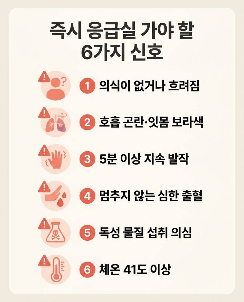 즉시 응급실 가야 할 6가지 신호 - 의식 흐림, 호흡 곤란, 지속 발작, 심한 출혈, 독성 물질 섭취, 고체온 등 응급 상황을 정리한 인포그래픽
