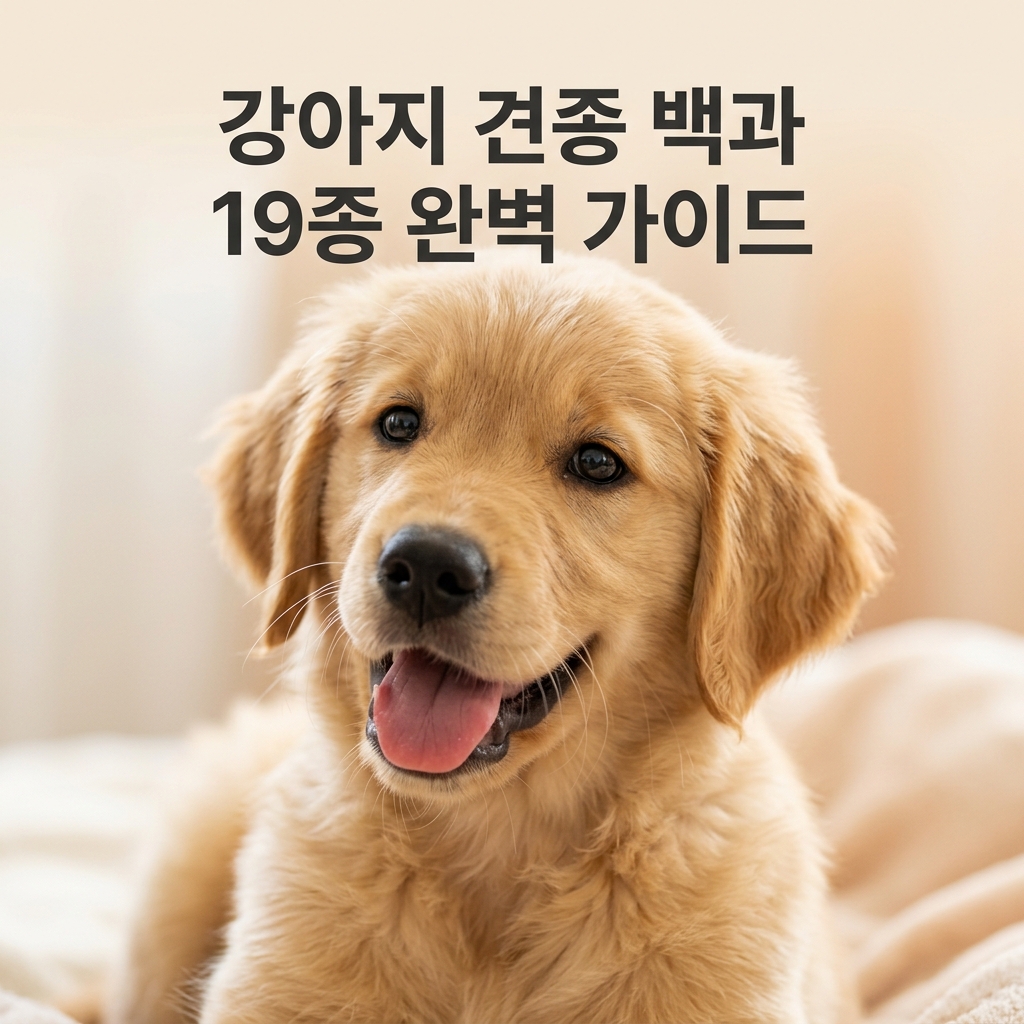 강아지 견종 백과 19종 완벽 가이드 제목과 함께 부드러운 황금빛 털과 반짝이는 눈으로 행복하게 혀를 내민 골든 리트리버 강아지의 사랑스러운 클로즈업 실사 초상 사진
