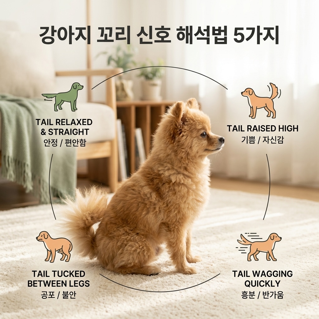 강아지 꼬리 신호 해석법 5가지 제목과 함께 꼬리가 돋보이는 강아지 사진과 다양한 꼬리 자세 아이콘이 배치된 실사 썸네일
