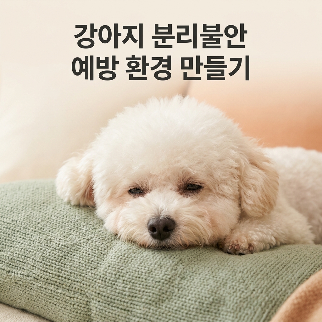 강아지 분리불안 예방 환경 만들기 제목과 함께 부드러운 쿠션 위에서 차분하고 평온한 표정으로 쉬고 있는 말티즈 또는 푸들의 안정감 있는 클로즈업 실사 사진