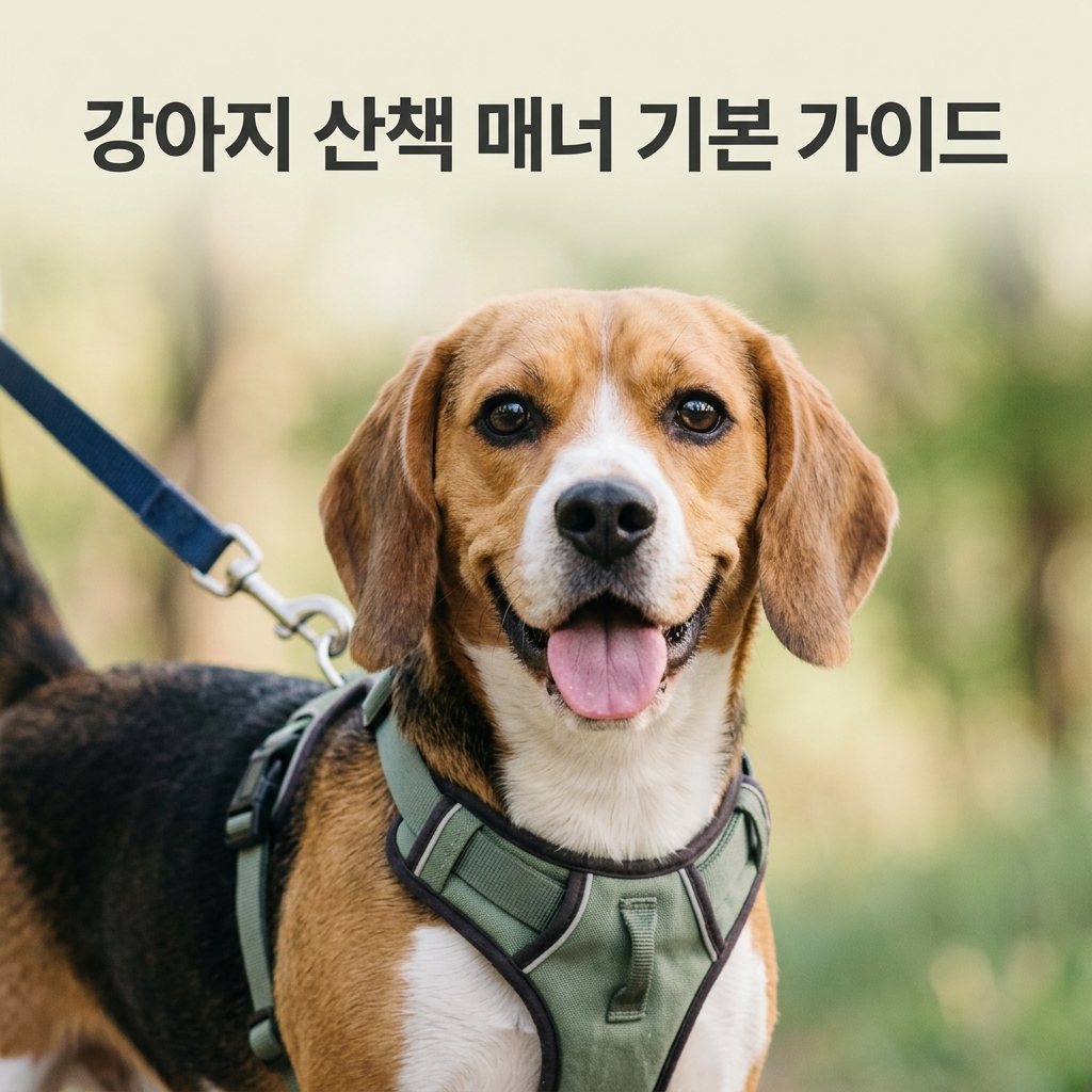 강아지 산책 매너 기본 가이드 제목과 함께 하네스를 착용하고 산책 나갈 준비가 된 밝고 행복한 표정의 강아지 클로즈업 실사 사진