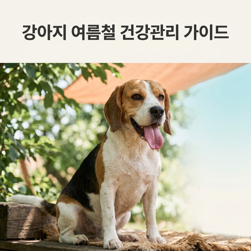 강아지 여름철 건강관리 가이드 제목과 함께 여름 더위에 헐떡이며 혀를 내민 채 그늘에 앉아 있는 강아지의 클로즈업 실사 사진