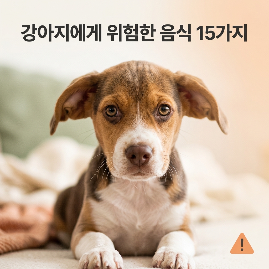 강아지에게 위험한 음식 15가지 제목과 함께 걱정스러운 표정으로 정면을 바라보는 비글 또는 코커스패니얼 강아지의 클로즈업 실사 초상 사진