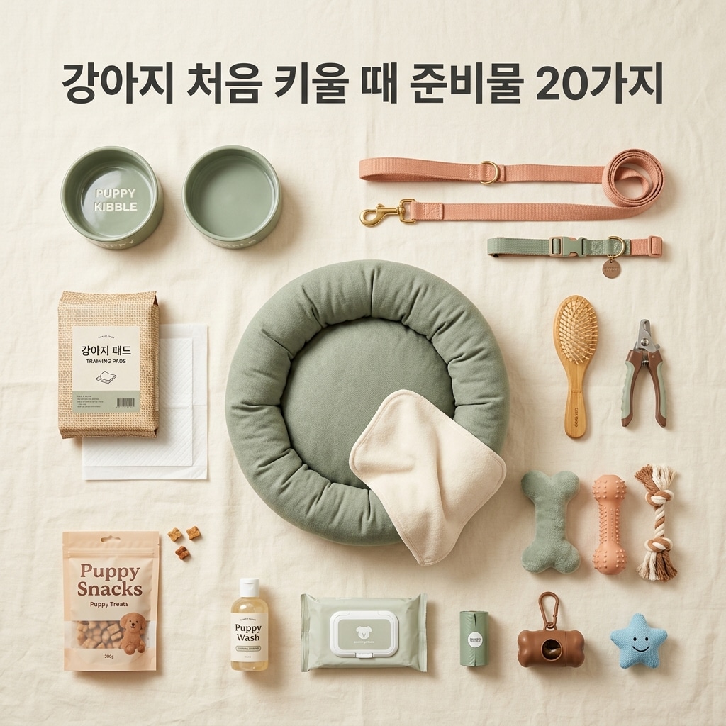 강아지 처음 키울 때 준비물 20가지 제목과 함께 식기, 물그릇, 리드줄, 목줄, 방석, 패드, 브러시, 장난감 등이 플랫레이 구도로 배치된 실사 썸네일