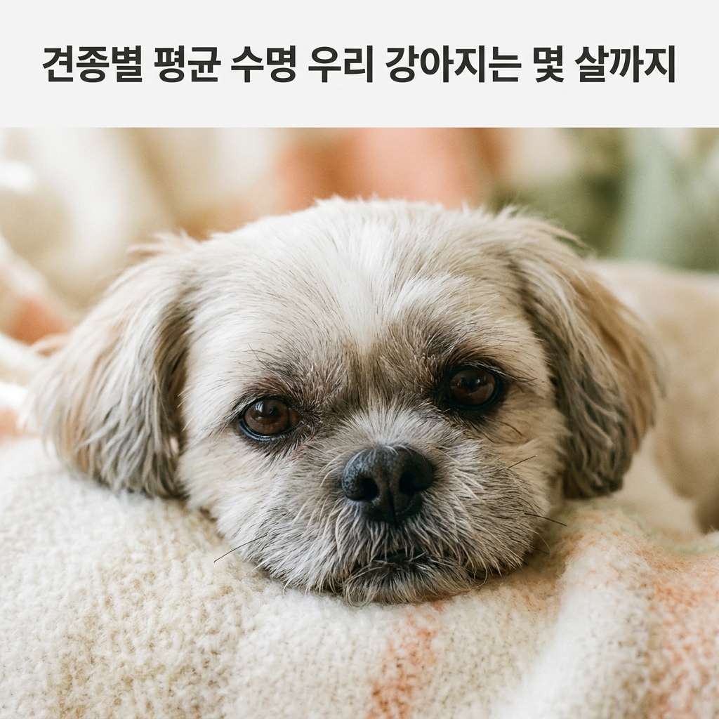 견종별 평균 수명 우리 강아지는 몇 살까지 제목과 함께 주둥이 주변이 회색빛으로 변한 차분하고 평화로운 표정의 노령견 클로즈업 실사 초상 사진