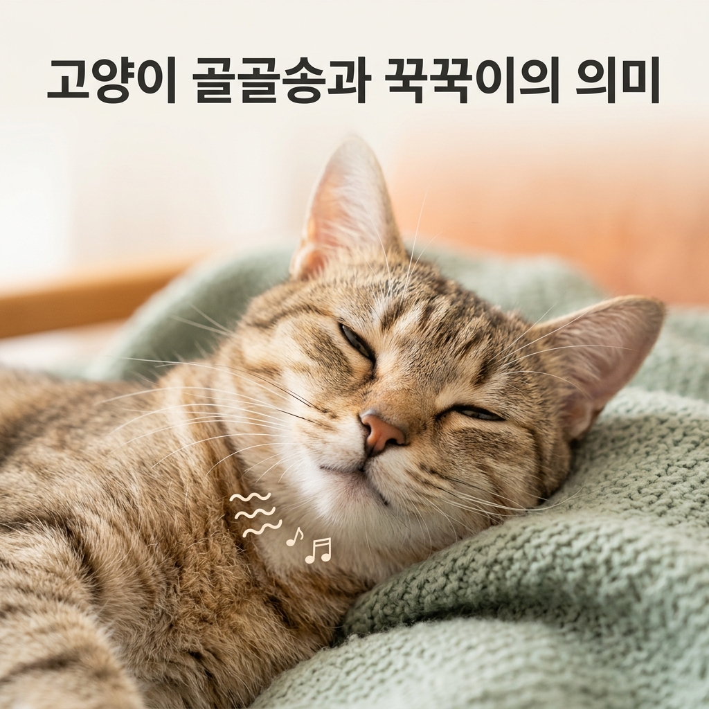 고양이 골골송과 꾹꾹이의 의미 제목과 함께 반쯤 감긴 눈으로 행복한 표정을 짓는 고양이의 클로즈업 실사 초상 사진