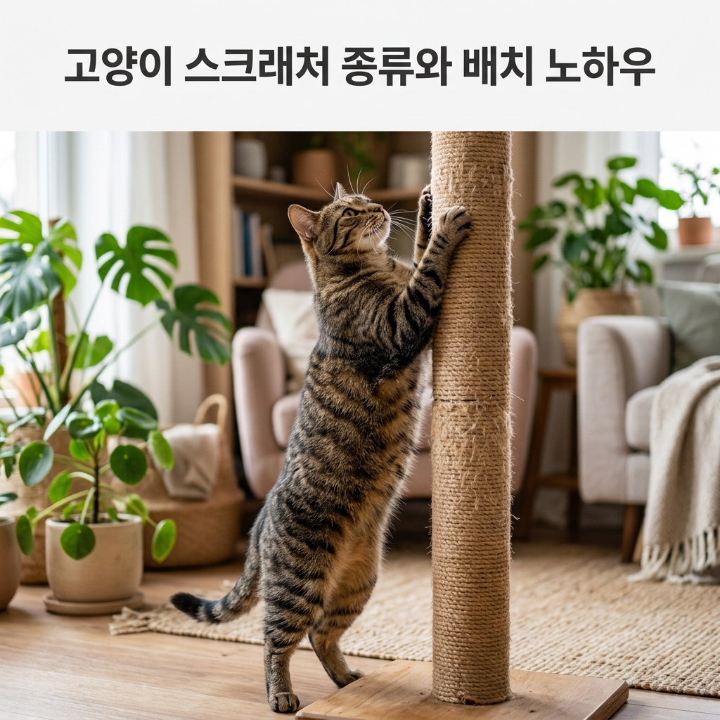 고양이 스크래처 종류와 배치 노하우 제목과 함께 키 큰 사이잘 스크래처에 앞발을 걸고 몸을 완전히 늘인 고양이의 만족스러운 실사 사진
