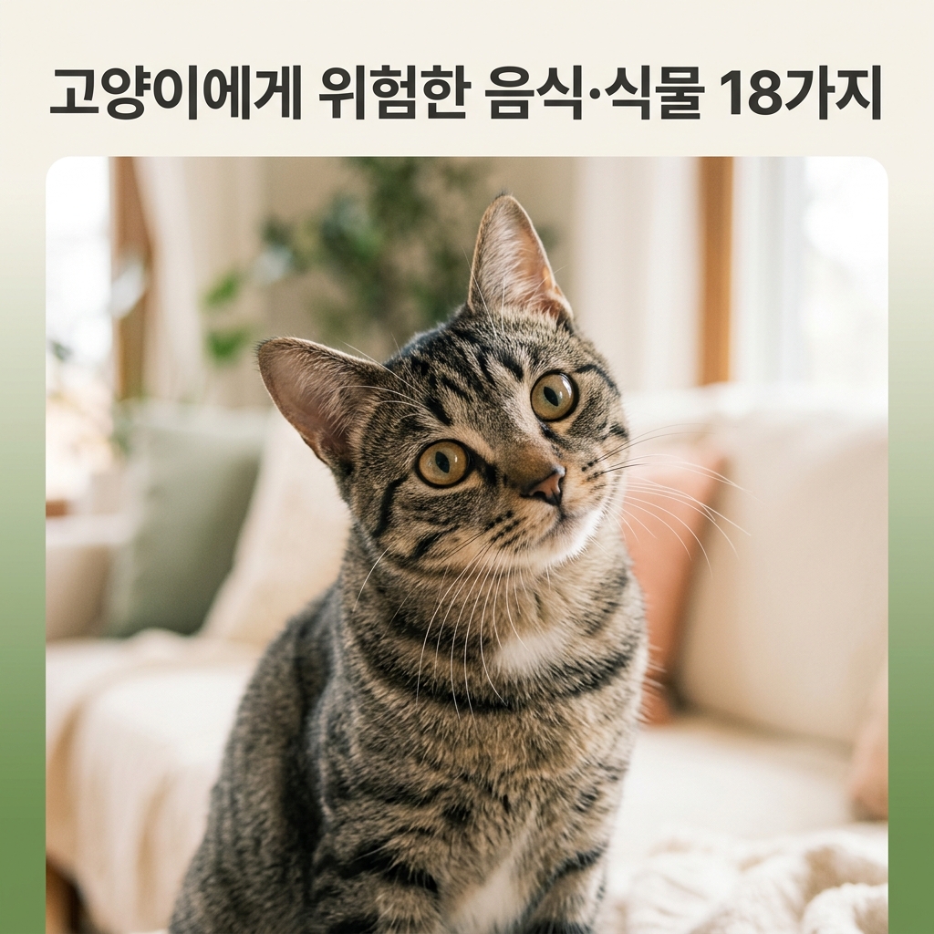 고양이에게 위험한 음식·식물 18가지 제목과 함께 호기심 가득한 표정으로 머리를 살짝 기울인 고양이의 클로즈업 실사 초상 사진