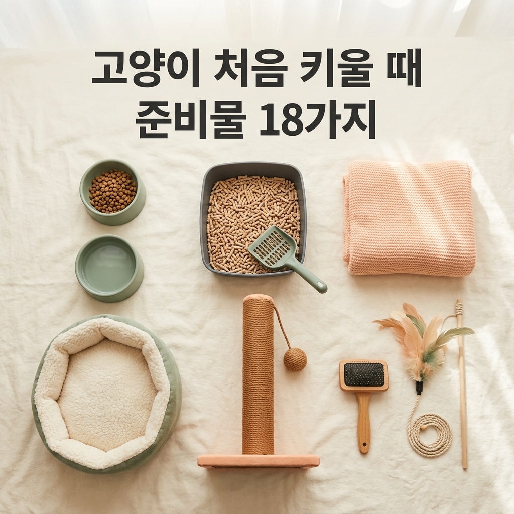 고양이 처음 키울 때 준비물 18가지 제목과 함께 식기, 물그릇, 화장실, 침대, 스크래처, 장난감, 브러시, 담요 등이 플랫레이 구도로 배치된 실사 썸네일