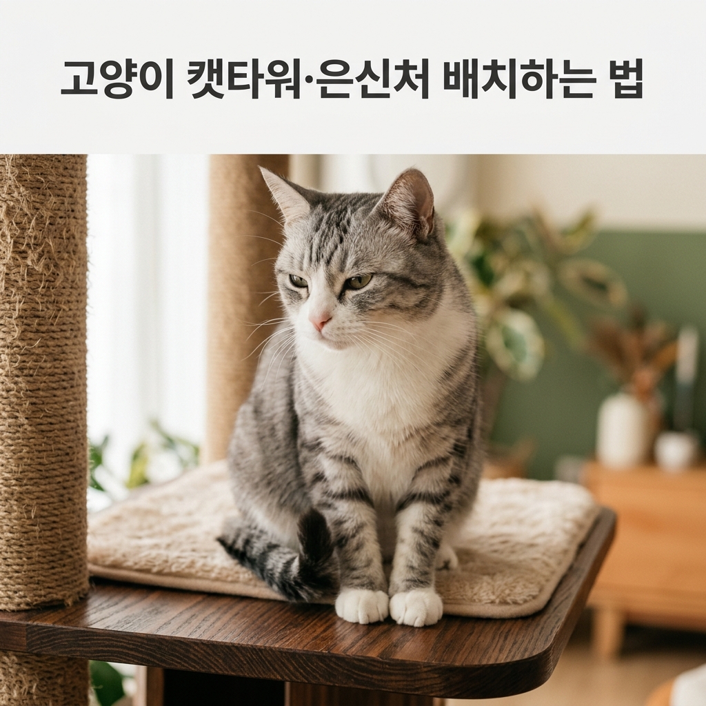 고양이 캣타워·은신처 배치하는 법 제목과 함께 캣타워 플랫폼 위에 우아하게 앉아 차분하게 아래를 내려다보는 고양이의 여유로운 클로즈업 실사 사진