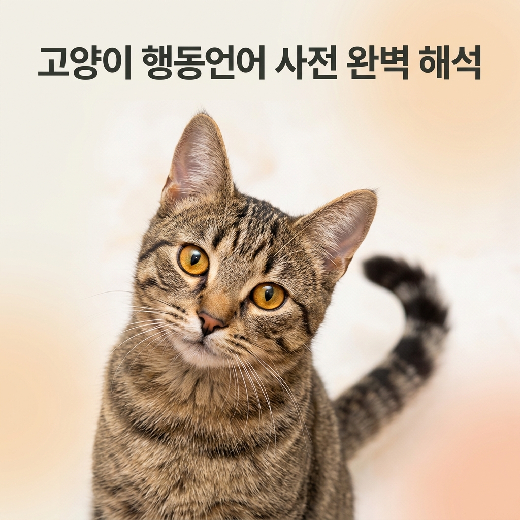 고양이 행동언어 사전 완벽 해석 제목과 함께 지적이고 호기심 어린 눈으로 정면을 바라보며 고개를 살짝 기울인 태비 고양이의 우아한 클로즈업 실사 초상 사진