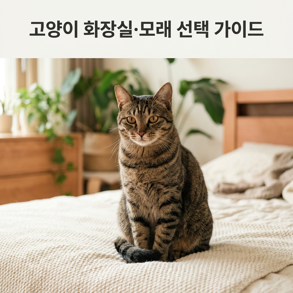 고양이 화장실·모래 선택 가이드 제목과 함께 차분하고 지적인 표정으로 앉아 있는 잘 관리된 고양이의 클로즈업 실사 초상 사진