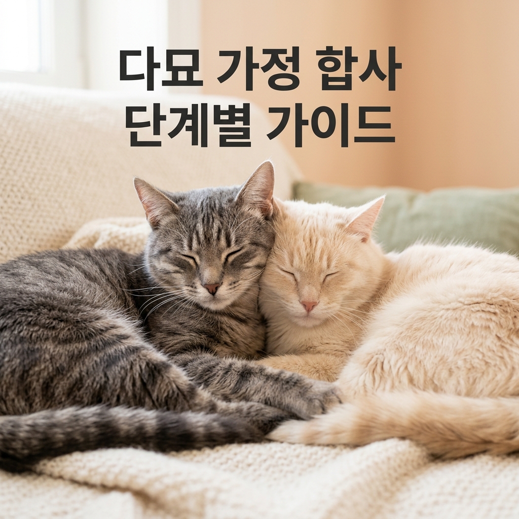 다묘 가정 합사 단계별 가이드 제목과 함께 몸을 살짝 맞대고 평화롭게 쉬고 있는 두 마리 고양이의 성공적인 합사 완료를 보여주는 따뜻한 클로즈업 실사 사진