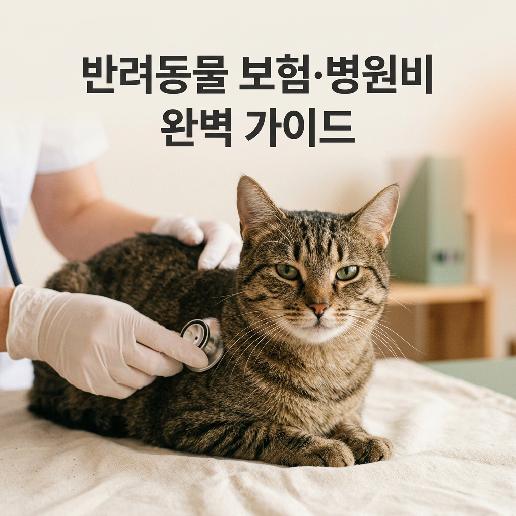반려동물 보험·병원비 완벽 가이드 제목과 함께 수의사의 부드러운 검진을 받으며 차분하게 앉아 있는 반려동물의 신뢰감 있는 실사 사진