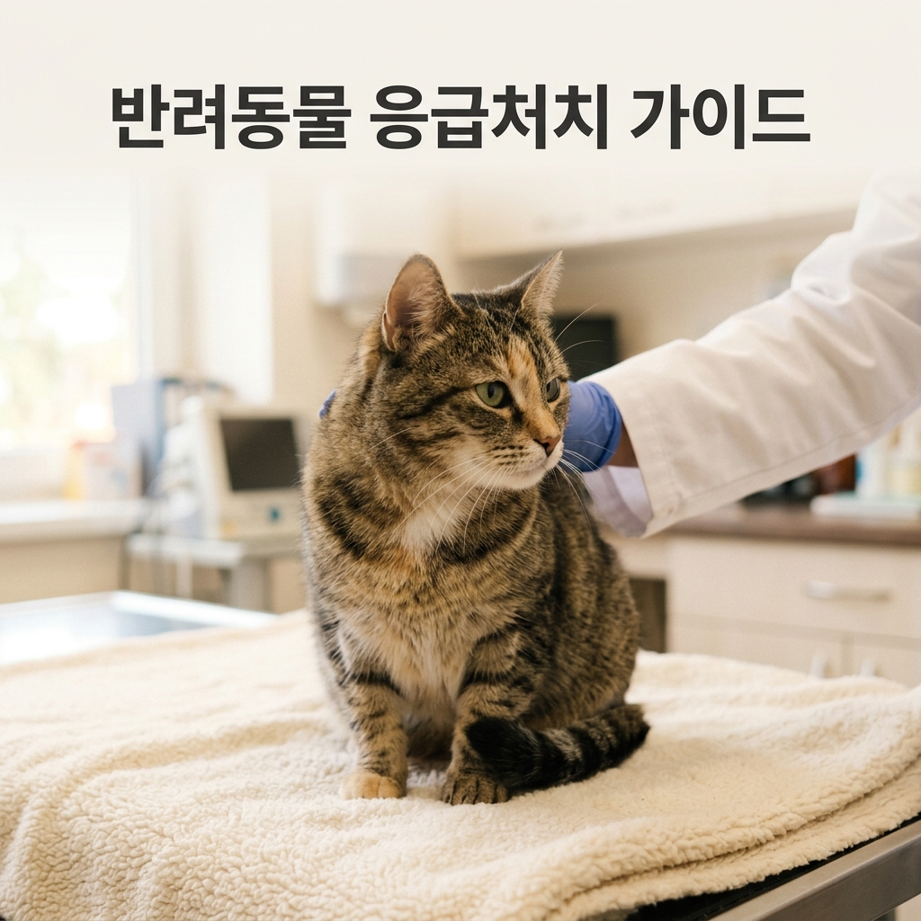 반려동물 응급처치 가이드 제목과 함께 동물병원 진찰대 위에서 차분하게 앉아 수의사의 부드러운 손길을 받고 있는 반려동물의 안정적인 실사 사진
