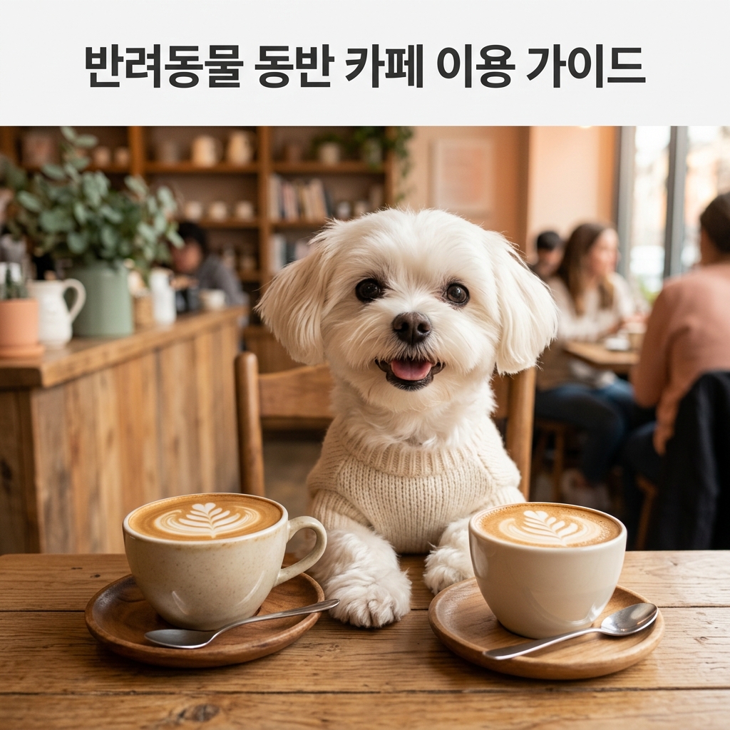 반려동물 동반 카페 이용 가이드 제목과 함께 카페 테이블 위 라떼잔 옆에 앉아 있는 행복한 표정의 말티즈 또는 푸들 강아지 클로즈업 실사 사진