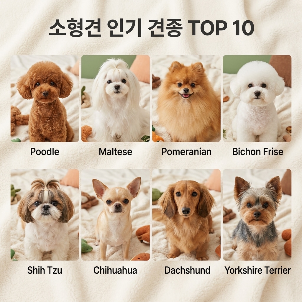 소형견 인기 견종 TOP 10 제목과 함께 푸들, 말티즈, 포메라니안, 비숑, 시츄, 치와와, 닥스훈트, 요크셔테리어 등 인기 소형견 품종들이 그리드로 배치된 실사 썸네일