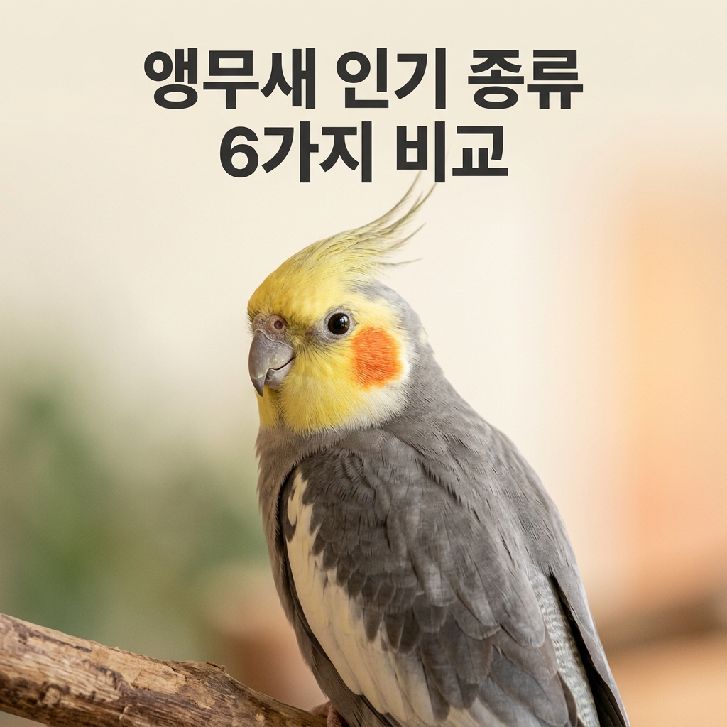 앵무새 인기 종류 6가지 비교 제목과 함께 특유의 볏을 세우고 밝은 주황색 볼 반점이 있는 왕관앵무(코카티엘)의 사랑스러운 클로즈업 실사 초상 사진