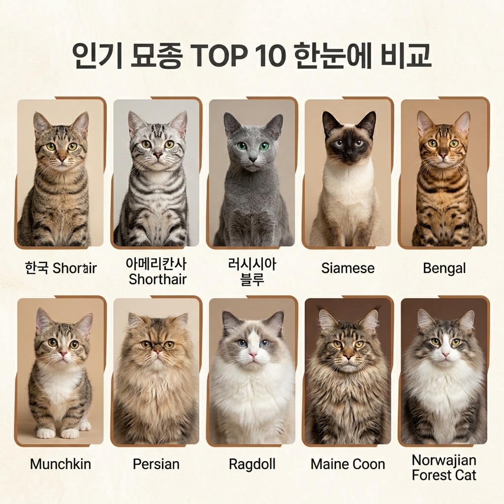 인기 묘종 TOP 10 한눈에 비교 제목과 함께 코리안 숏헤어, 아메리칸 숏헤어, 러시안 블루, 샴, 벵갈, 먼치킨, 페르시안, 랙돌, 메인쿤, 노르웨이 숲 등 인기 고양이 품종들이 그리드로 배치된 실사 썸네일