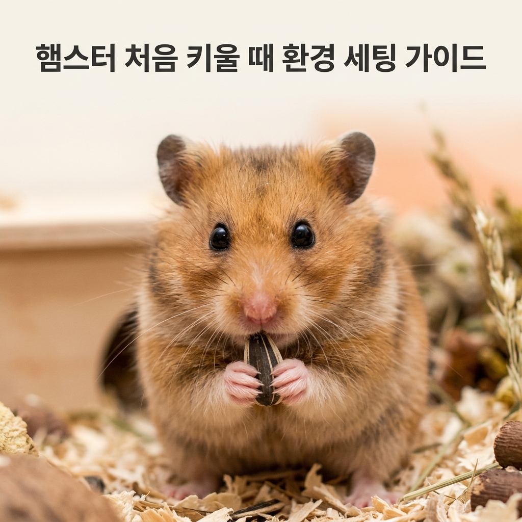 햄스터 처음 키울 때 환경 세팅 가이드 제목과 함께 해바라기씨를 앙증맞게 들고 있는 골든 시리안 햄스터의 귀여운 클로즈업 실사 초상 사진