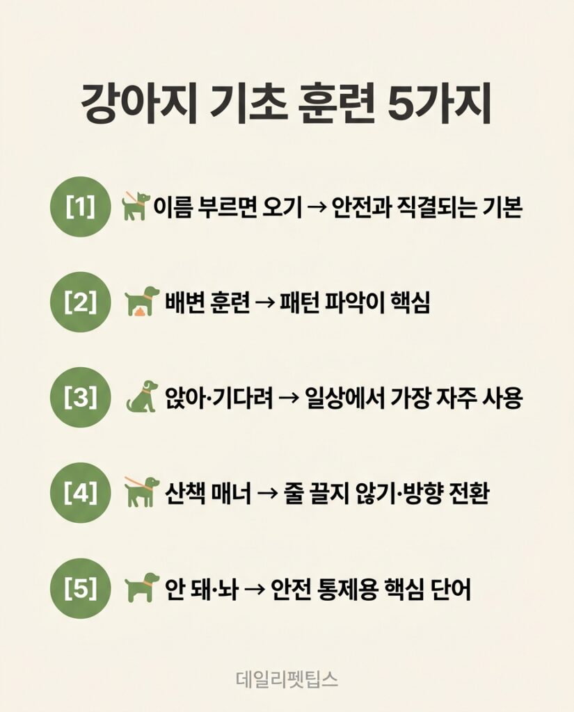 강아지 기초 훈련 5가지 인포그래픽 - 이름 부르면 오기, 배변 훈련, 앉아·기다려, 산책 매너, 안 돼·놔 등 필수 기본 훈련 항목 정리